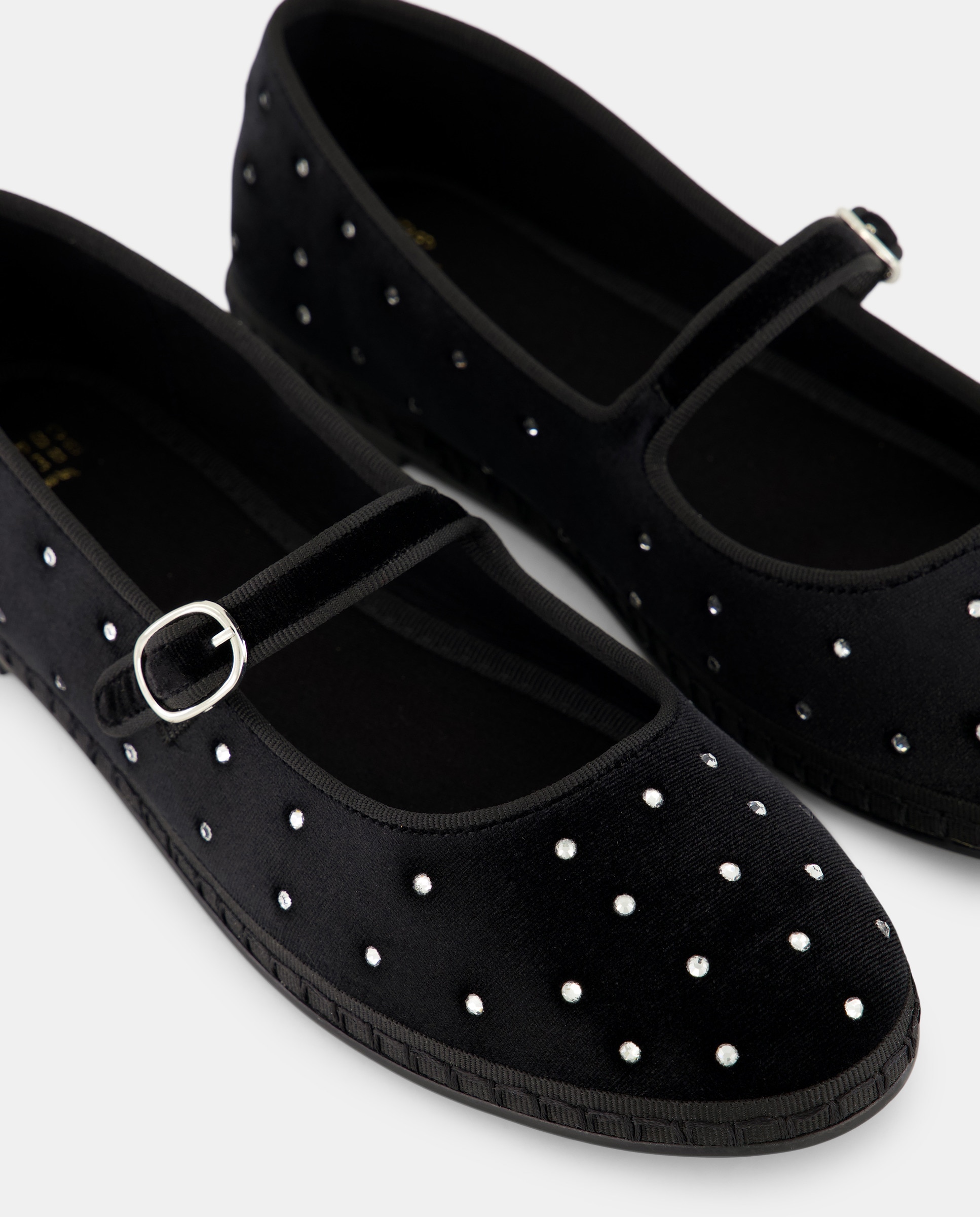 Sapatos de Presilha em Veludo com Strass e Pespontos na Sola Preto-5