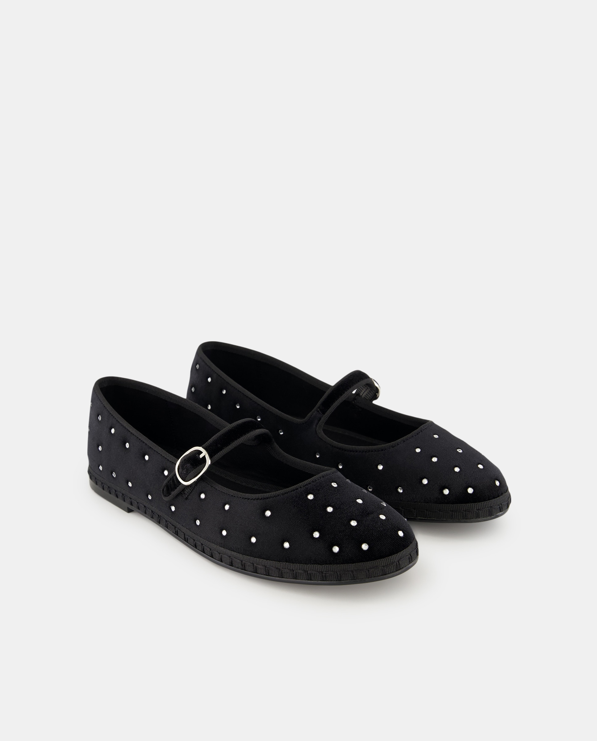 Sapatos de Presilha em Veludo com Strass e Pespontos na Sola Preto-2