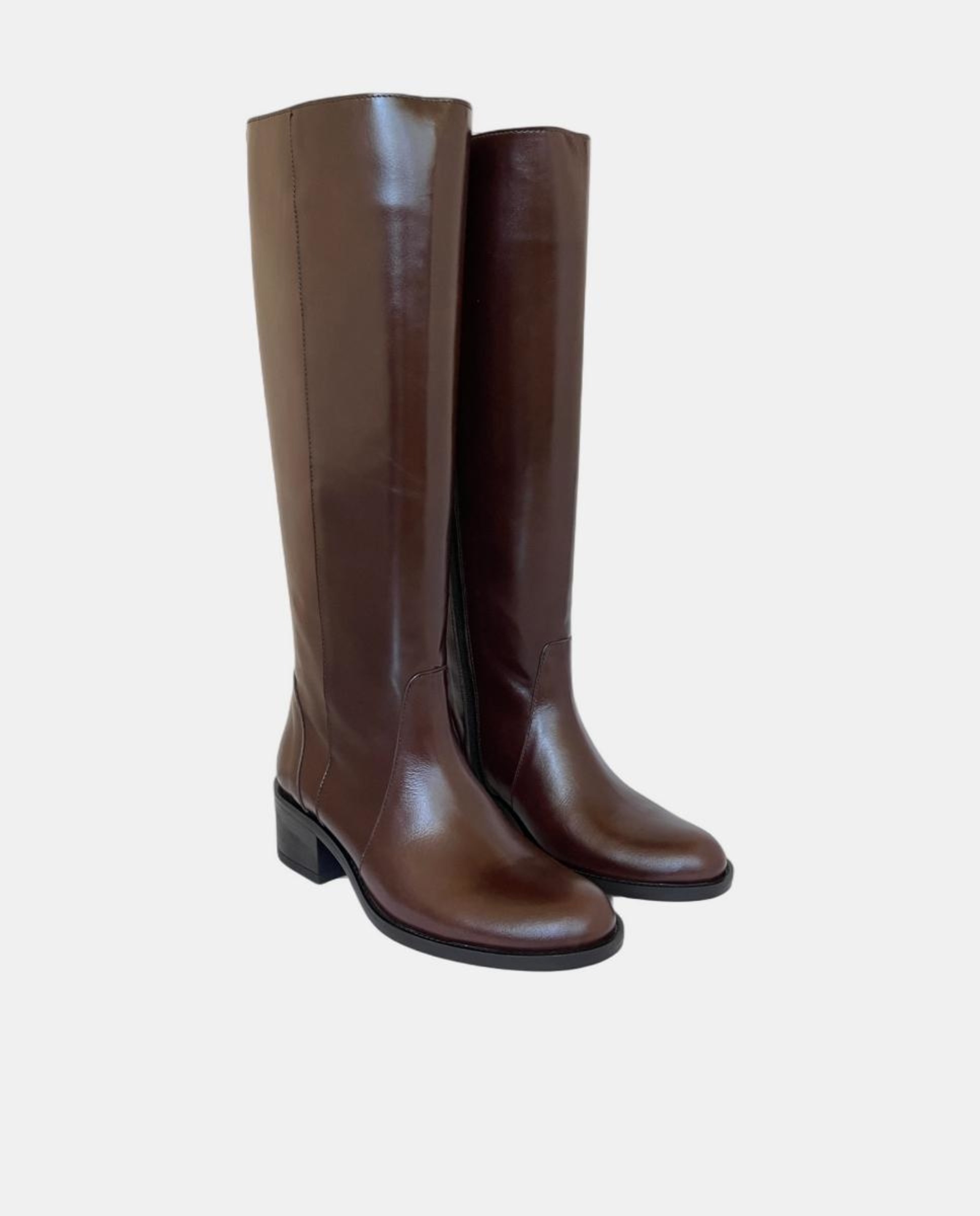 Botas com Salto de Bloco e em Pele Castanho-escuro-2