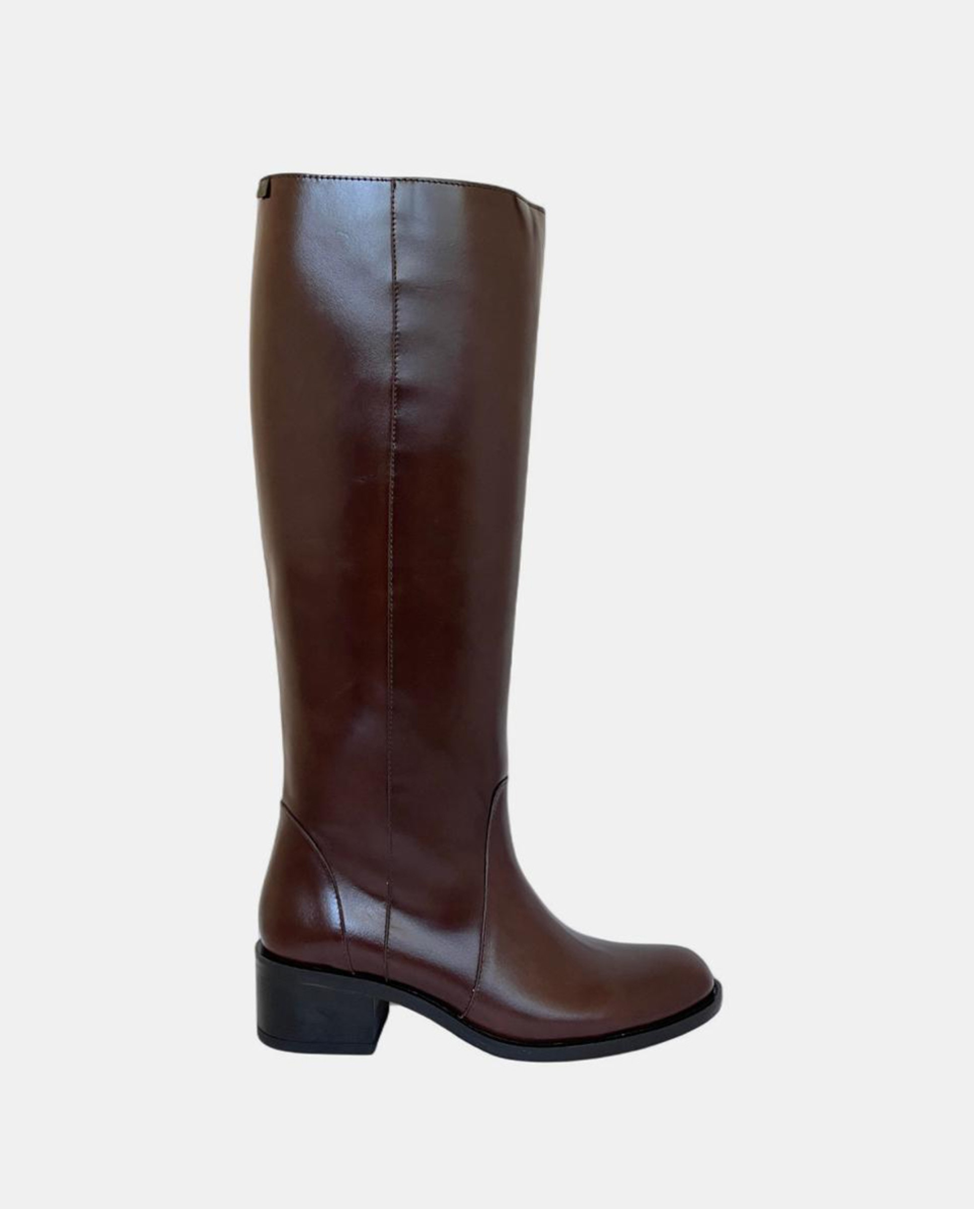 Botas com Salto de Bloco e em Pele Castanho-escuro-1