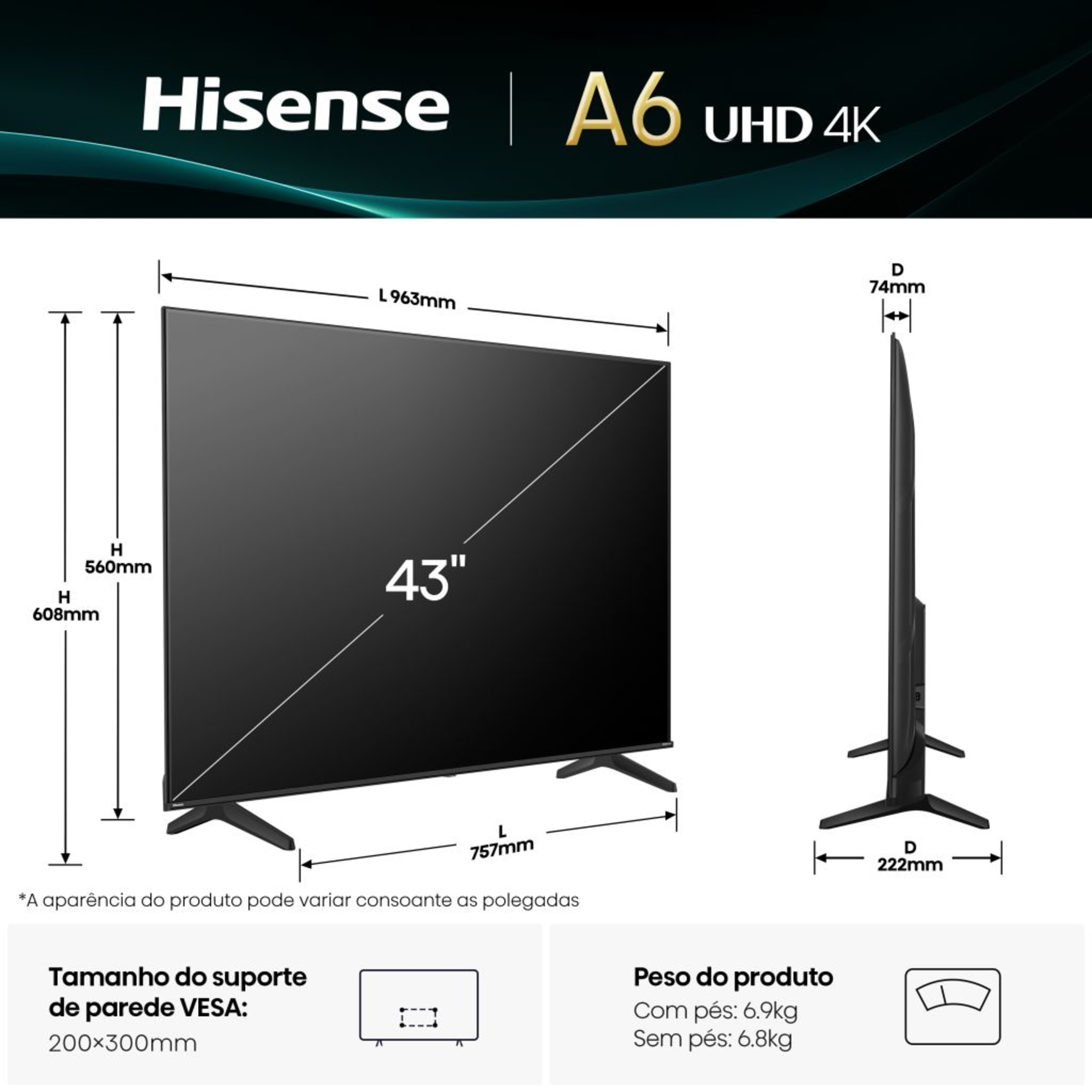 TV LED 50" Hisense 50A6Q, UHD 4K, Smart TV Preto-2
