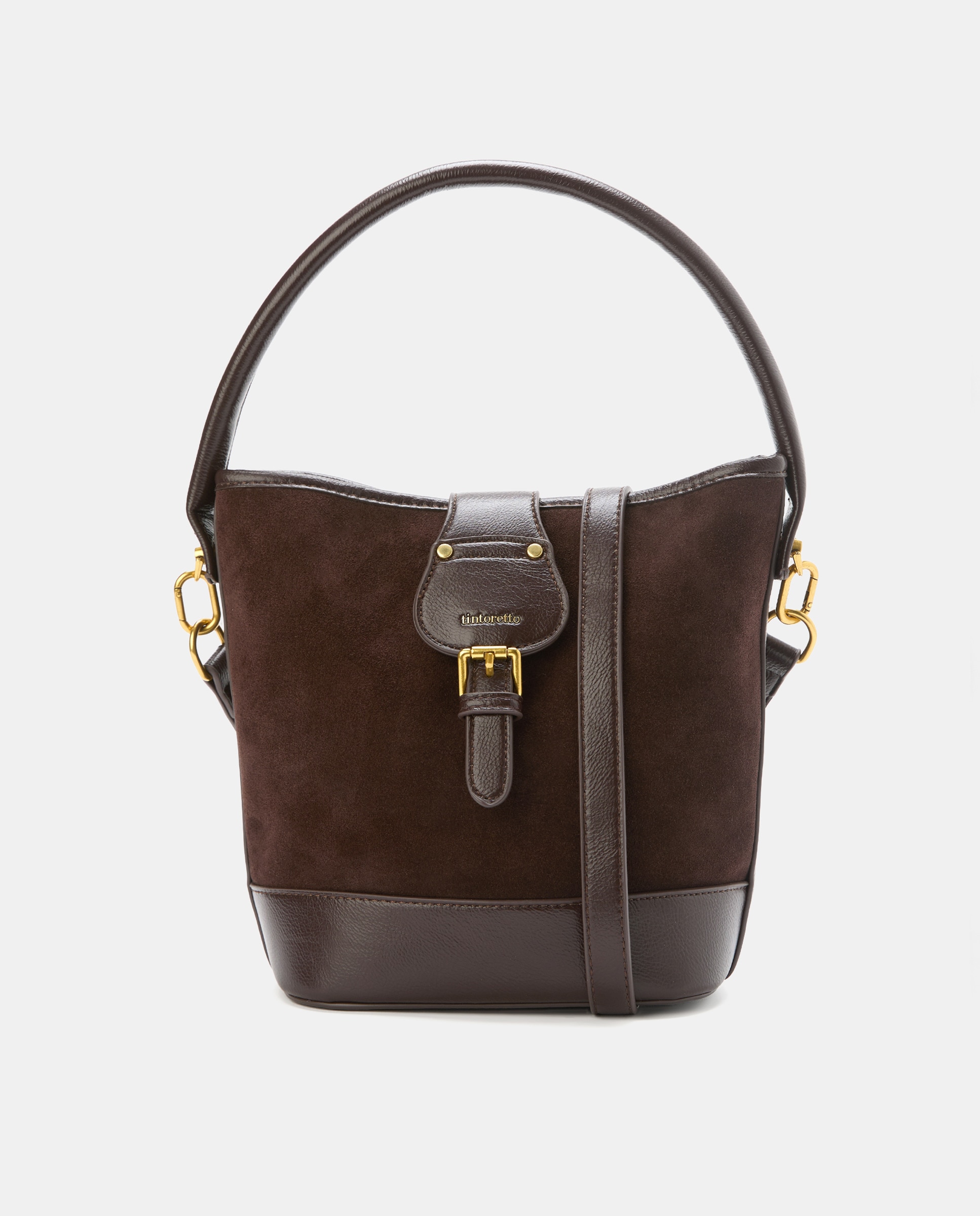 Mala Tipo Bucket em Pele com Fivela Chocolate-1