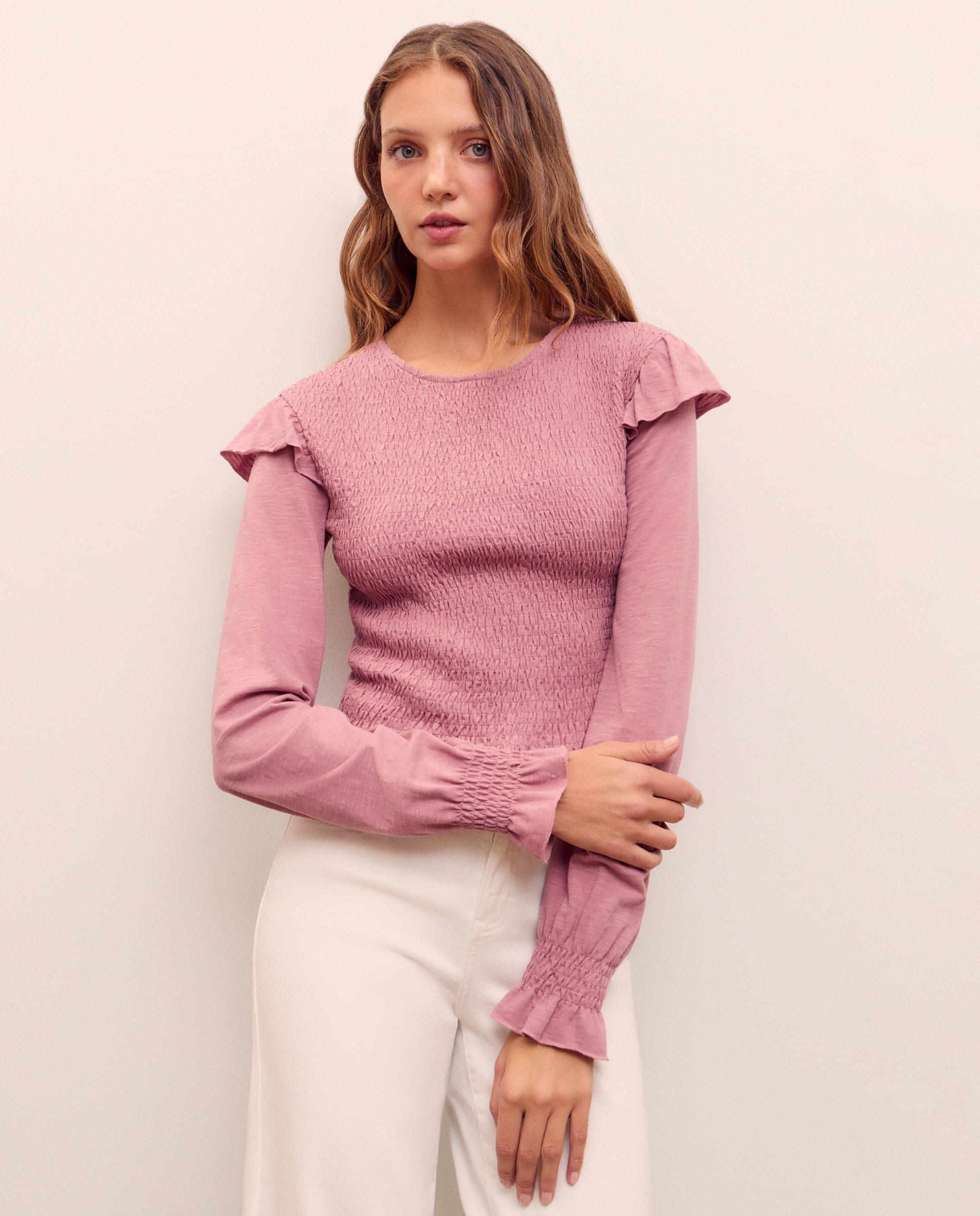 Camisola de Manga Comprida com Corpo com Favos de Mel Rosa-claro-1