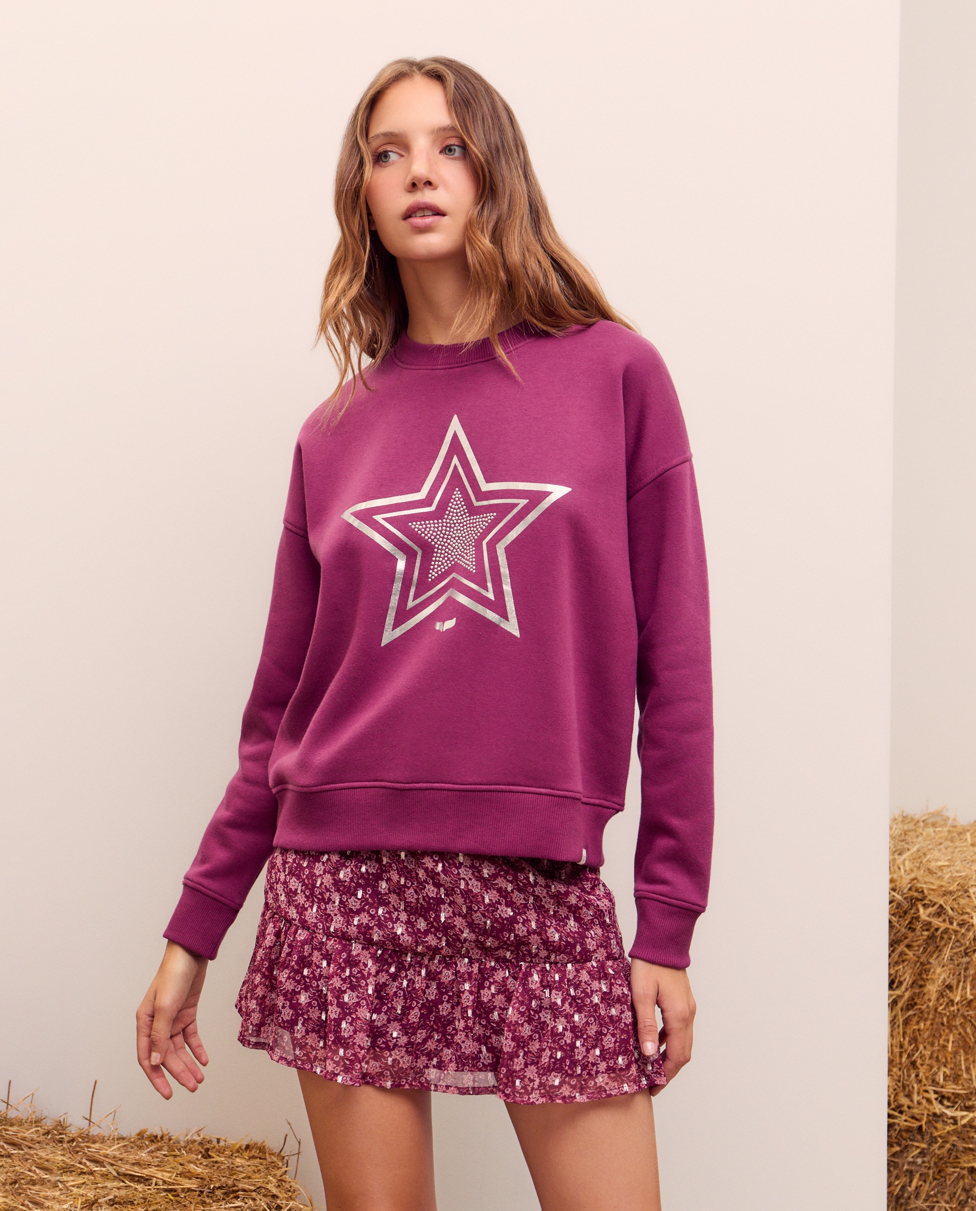 Sweatshirt com Decote Redondo e Estampado à Frente 230 Rosa Escuro-1