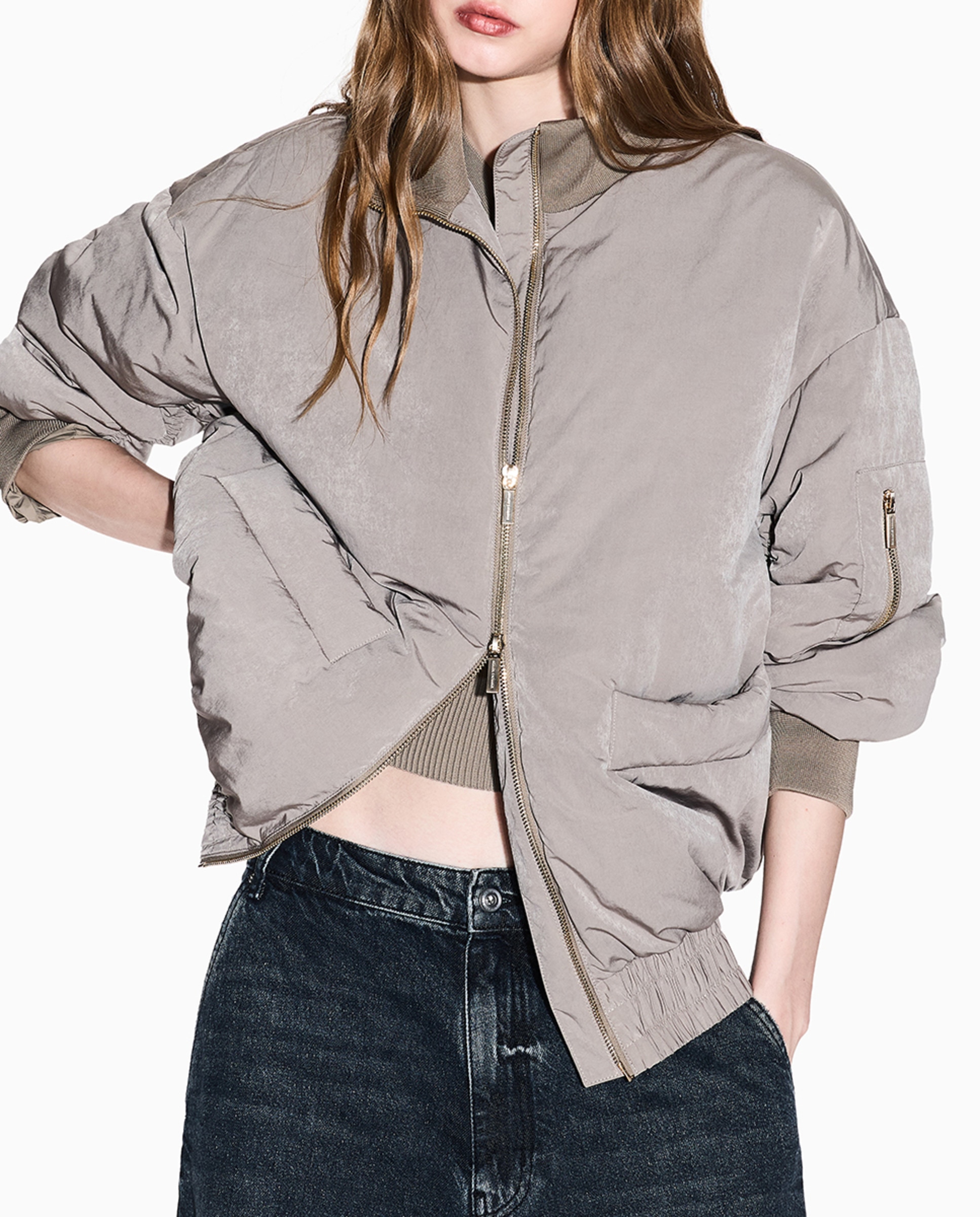 Blusão Bomber Oversize com Manga Balão Taupe-3