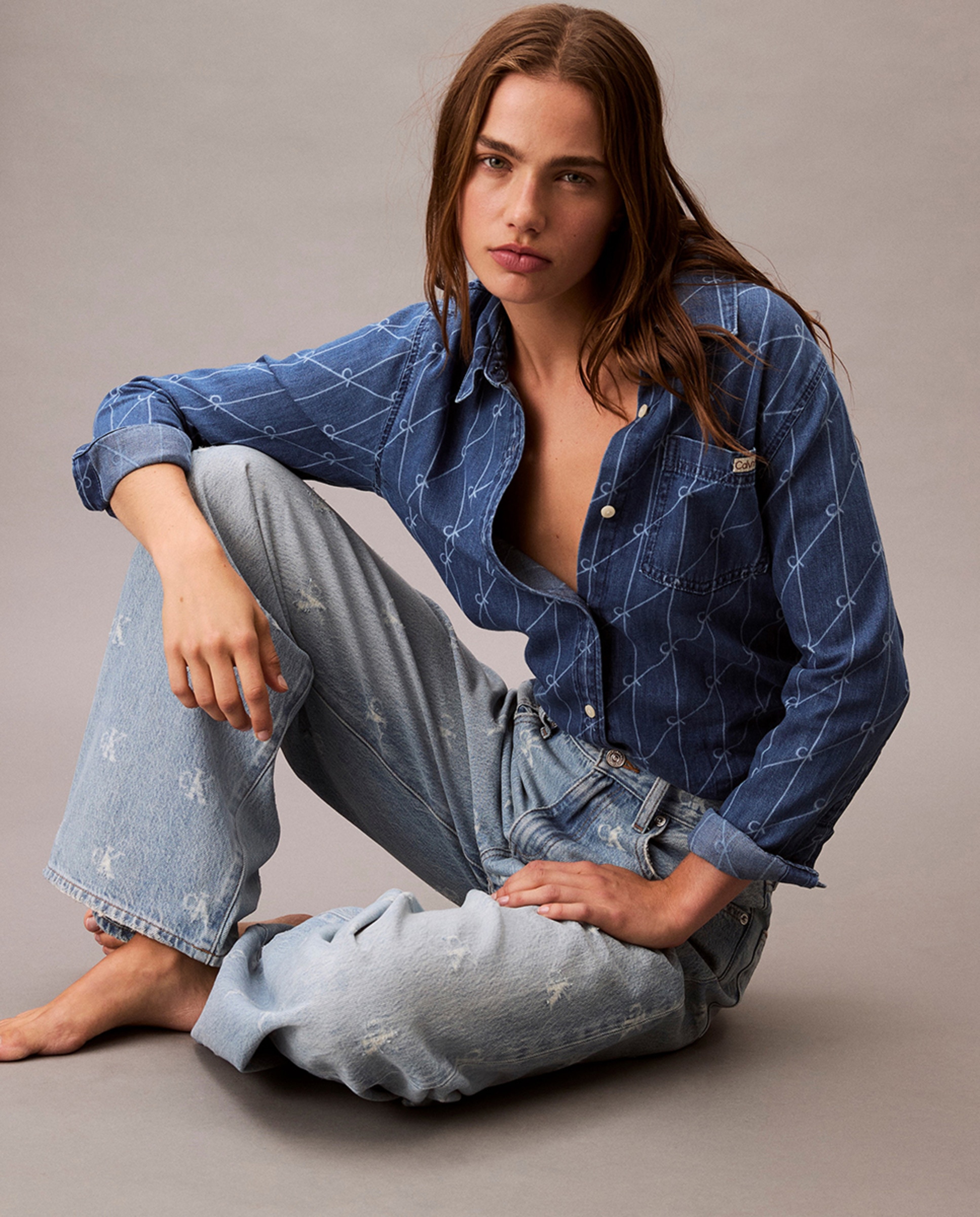 Jeans Wide Leg com Logótipo Azul-claro-5
