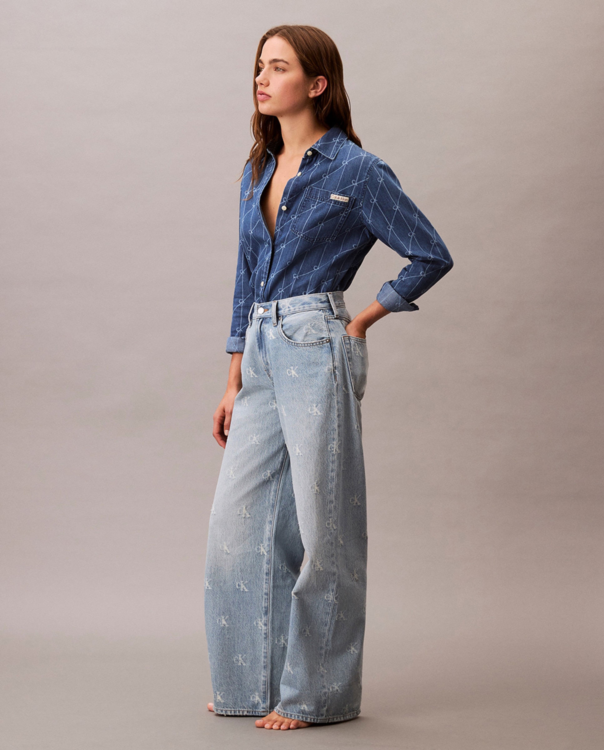Jeans Wide Leg com Logótipo Azul-claro-3