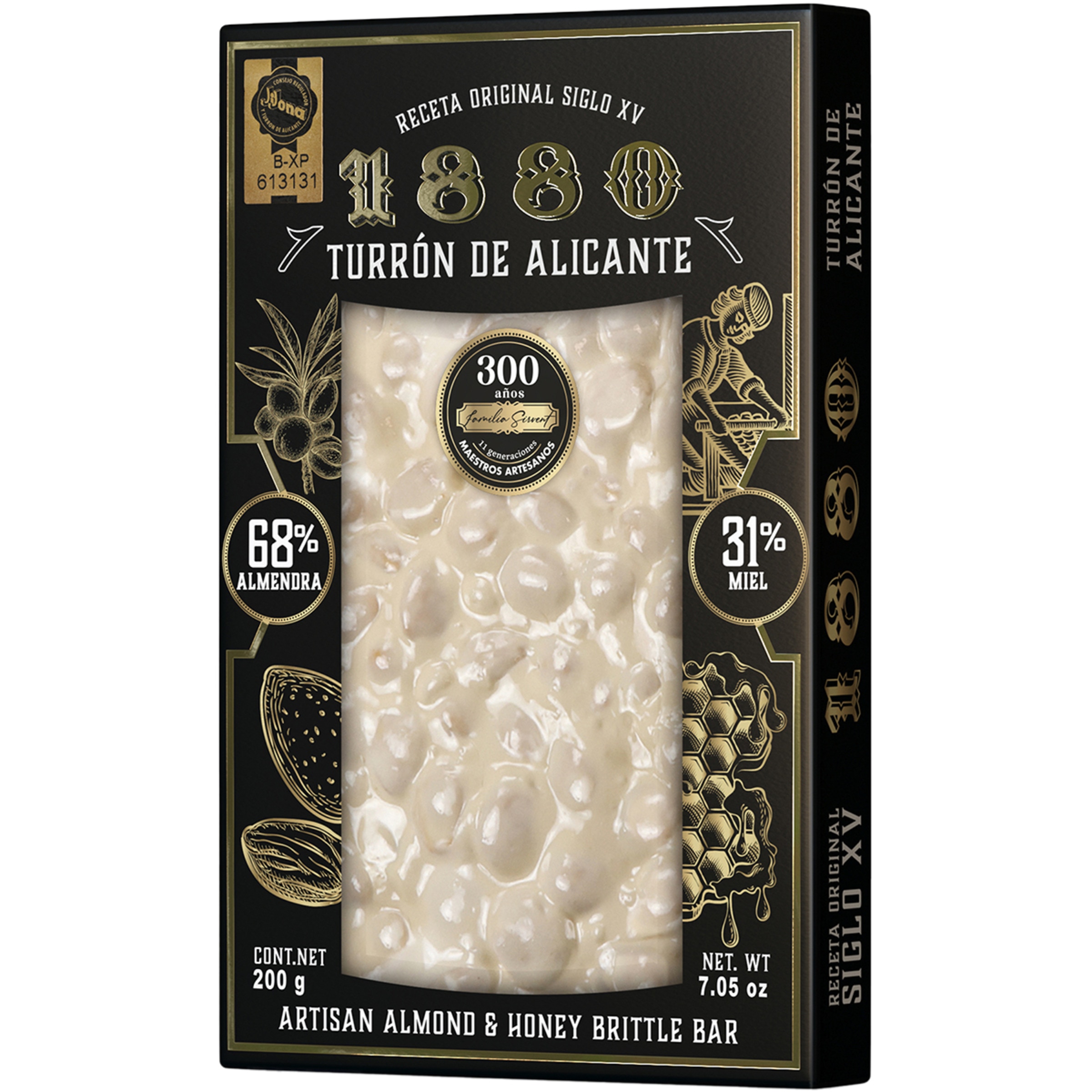 turrón duro de Alicante 68% almendra y 31% miel receta original siglo XV IGP Jijona tableta 200 g sin gluten
