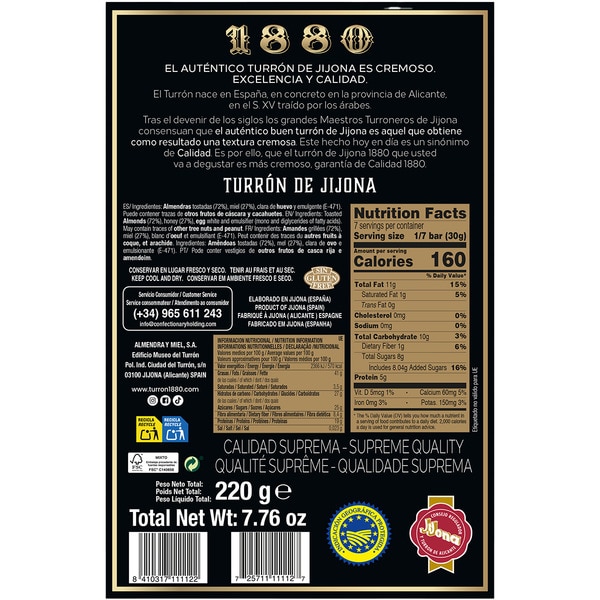 soft nougat 72% almond and 27% honey original 15th-century recipe PGI Jijona tablet 200 g gluten-free