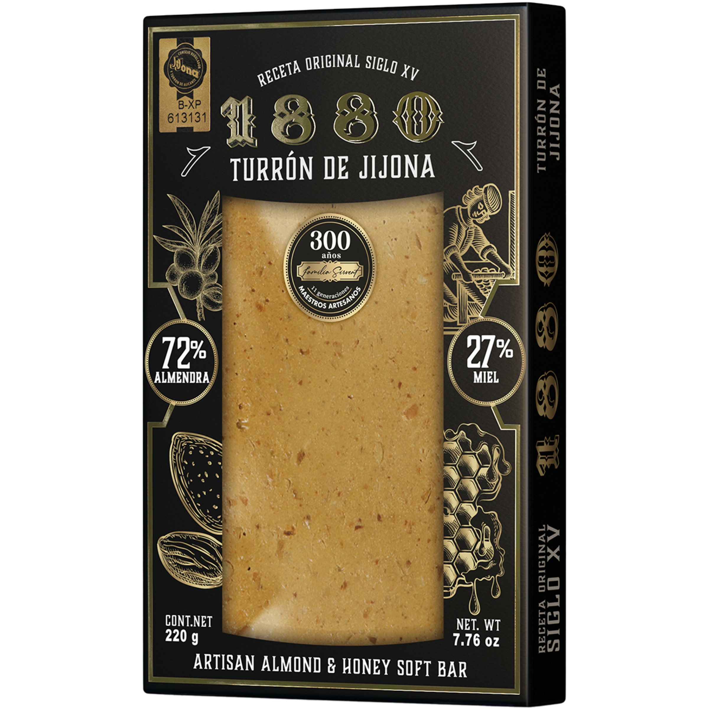 turrón de Jijona 72% almendra y 27% miel receta original siglo XV IGP Jijona tableta 200 g sin gluten