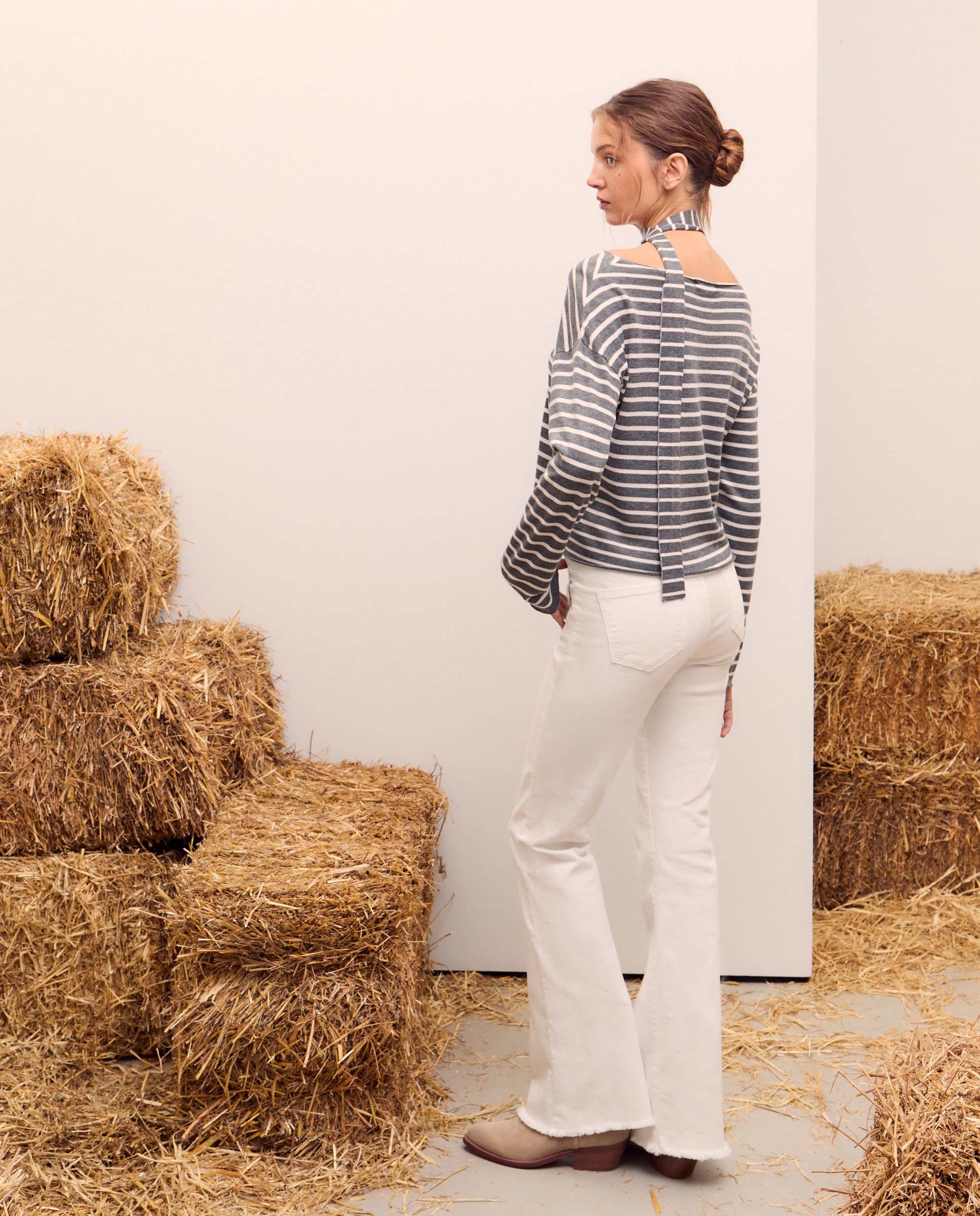 Camisola de Malha às Riscas com Gargantilha 820 Cinzento Médio-3