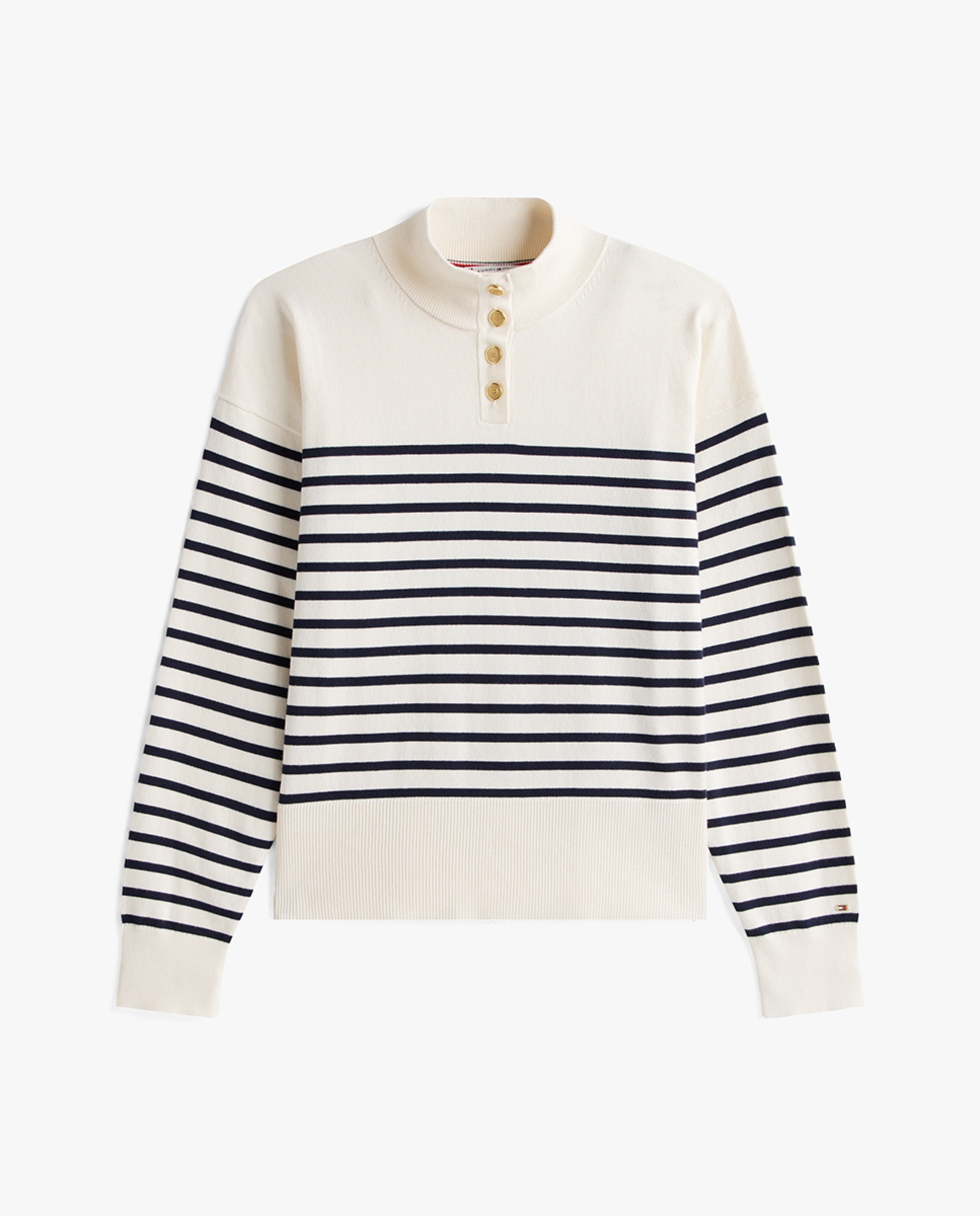 Camisola de Malha às Riscas com Gola Alta Abotoada Branco-4