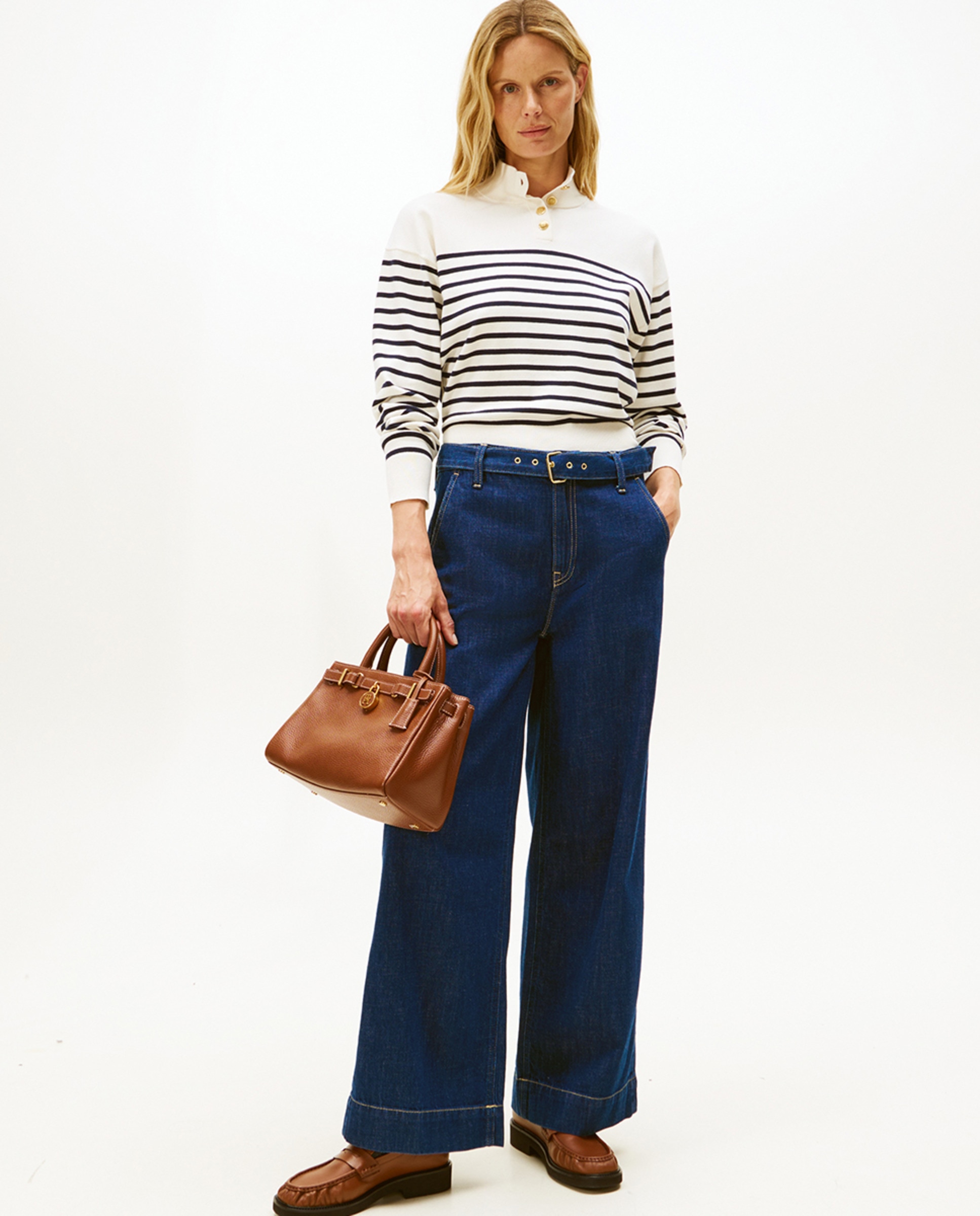 Camisola de Malha às Riscas com Gola Alta Abotoada Branco-5