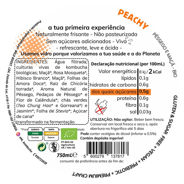 Bebida Chá Fermentado de Pêssego embalagem 750 ml