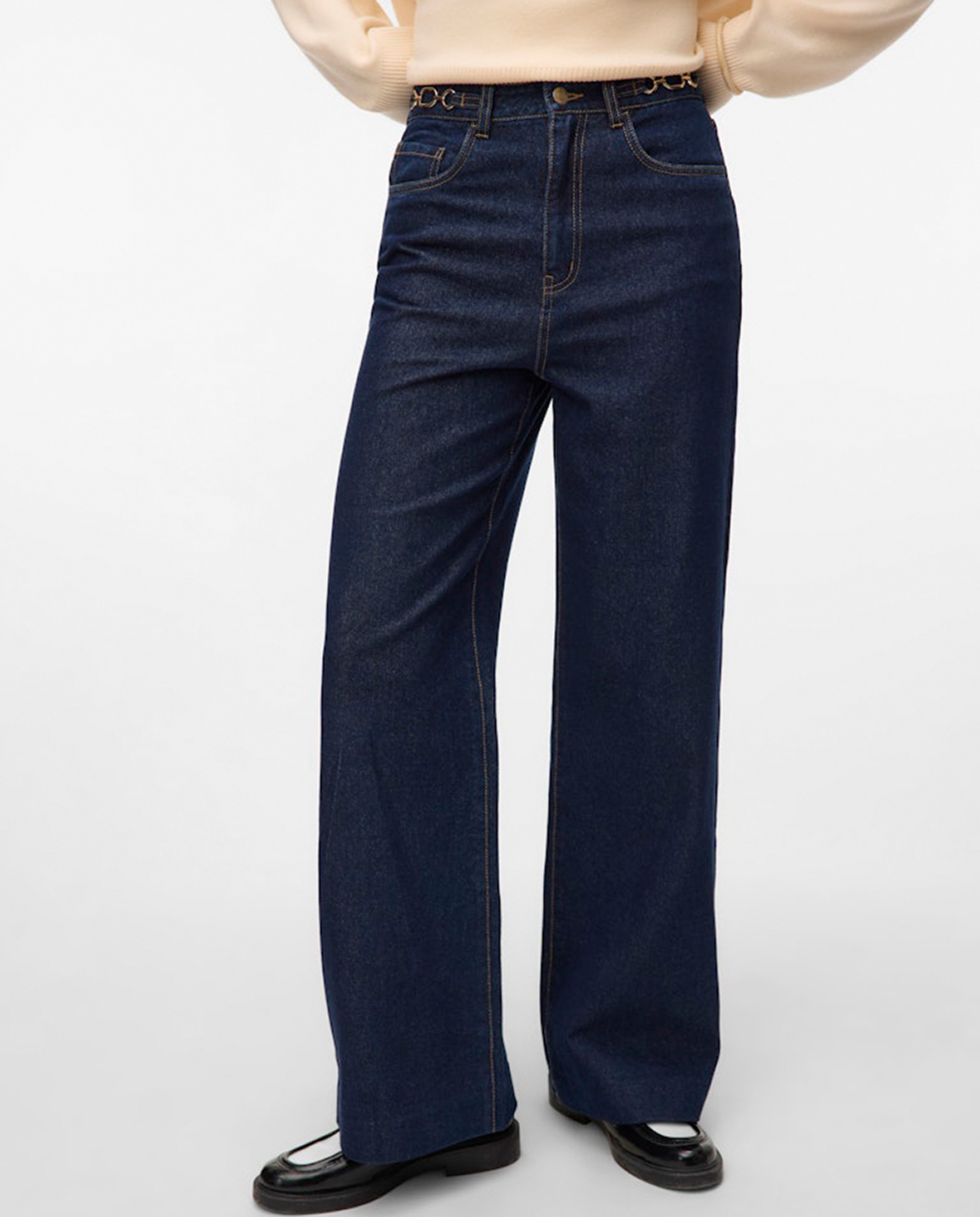 Jeans à Boca de Sino com Detalhe de Corrente Azul-marinho-4