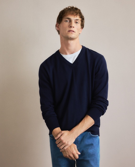 Imagen 0 de Jersey de hombre de cuello pico liso algodón merino