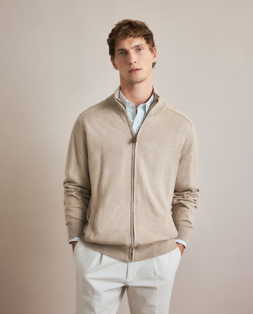 Imagem 0 de Cardigan Liso com Gola Semicisne, Fecho de Correr e em Algodão Merino