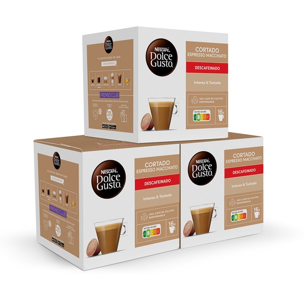 Cortado Espresso Macchiato Decaffeinato robust selection coffee with a dash of milk case 16 capsules