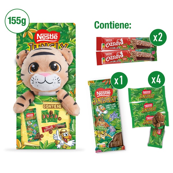 1x chocolate bar + 1x extra fine chocolate bar and 4 chocolate sweets 155 g with assorted soft toy according to stock