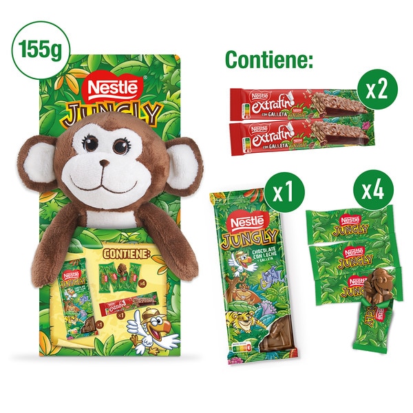 1x chocolate bar + 1x extra fine chocolate bar and 4 chocolate sweets 155 g with assorted soft toy according to stock