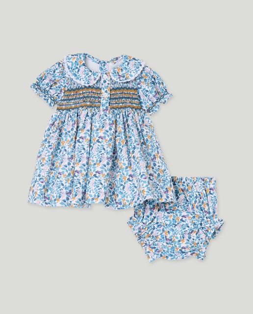 Imagem 0 de Vestido Estampado de Bebé com Manga Curta, Gola Bebé e Favos de Mel Feitos à Mão com Chevron