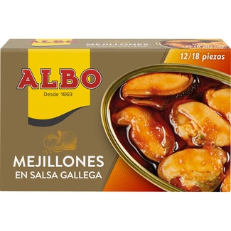 mejillones en salsa gallega 12-18 piezas sin gluten lata 70 g neto escurrido - Albo