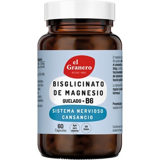 bisciglinato de magnesio quelado + B6 sin gluten y vegano bote 60 cápsulas - El Granero