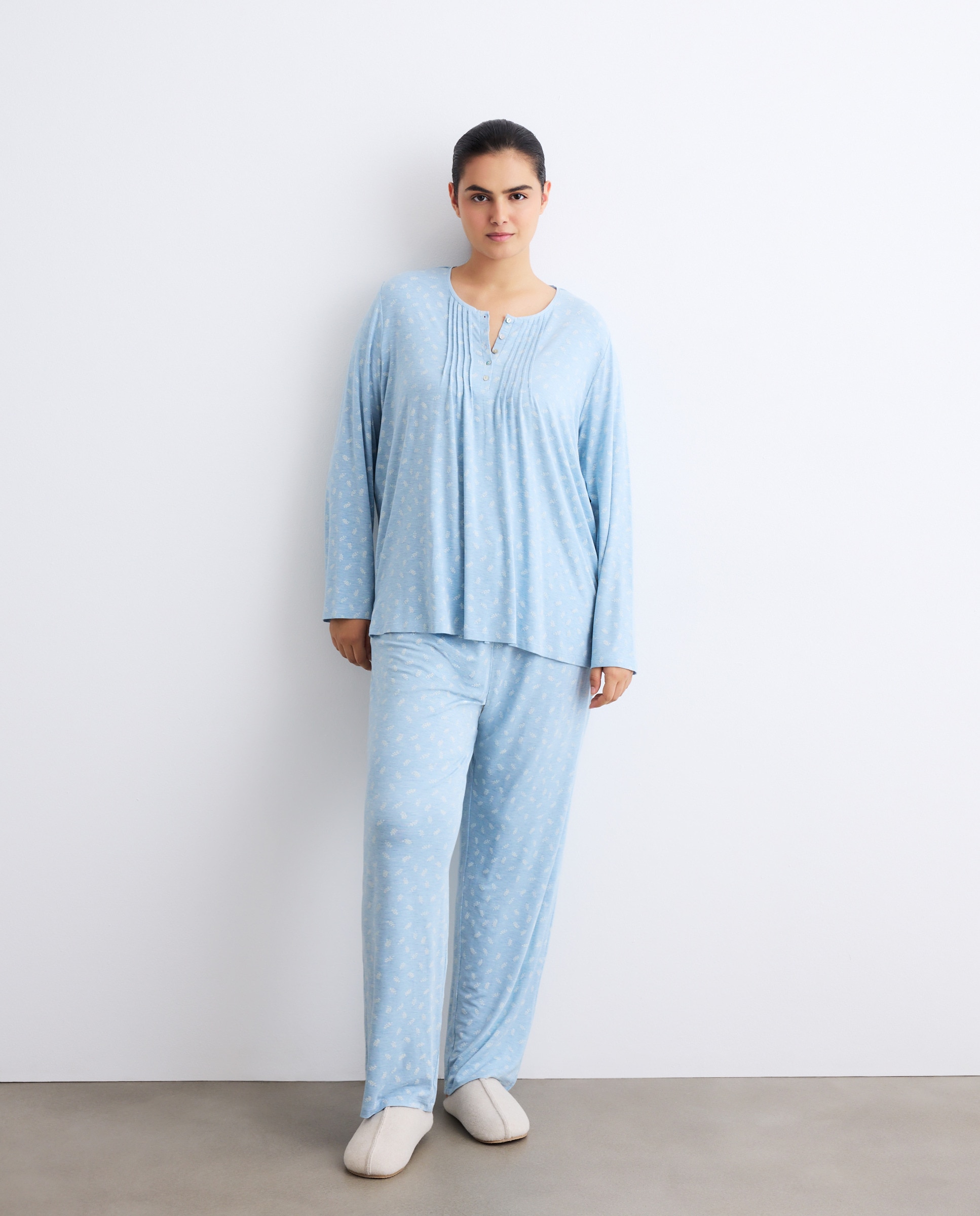 Pijama com Detalhes de Botões no Decote Azul-1