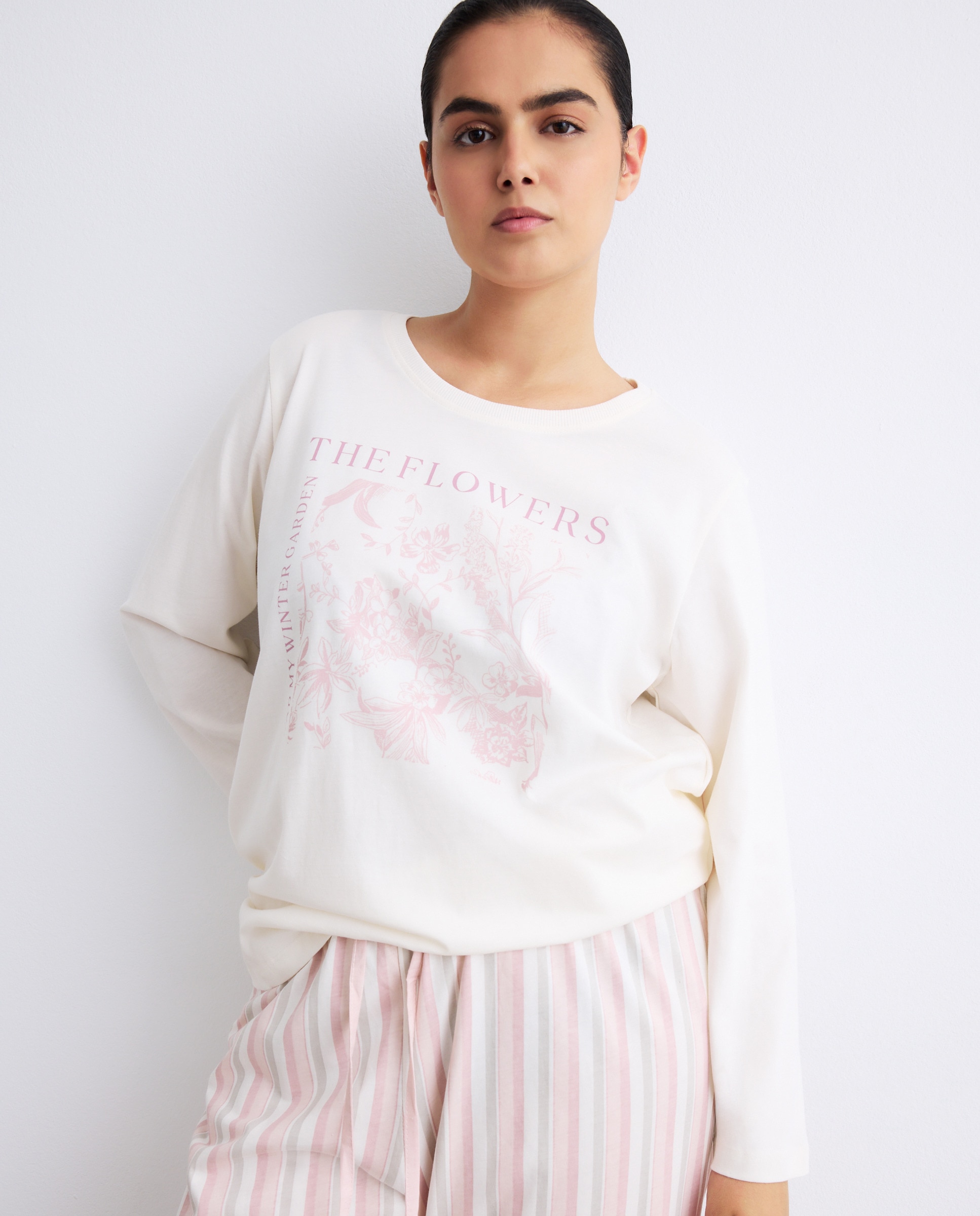 Pijama com Calças às Riscas Rosa-1
