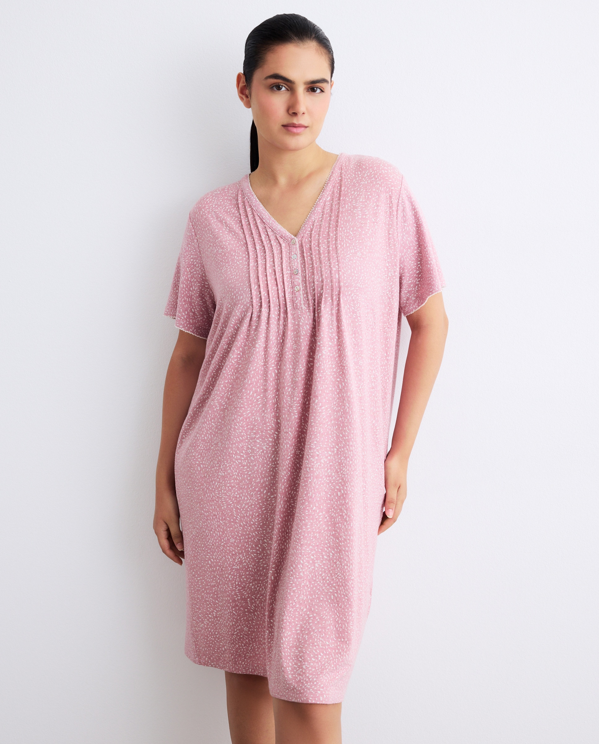 Camisa de Dormir Estampada com Decote em Bico e Botões 200 Rosa-2