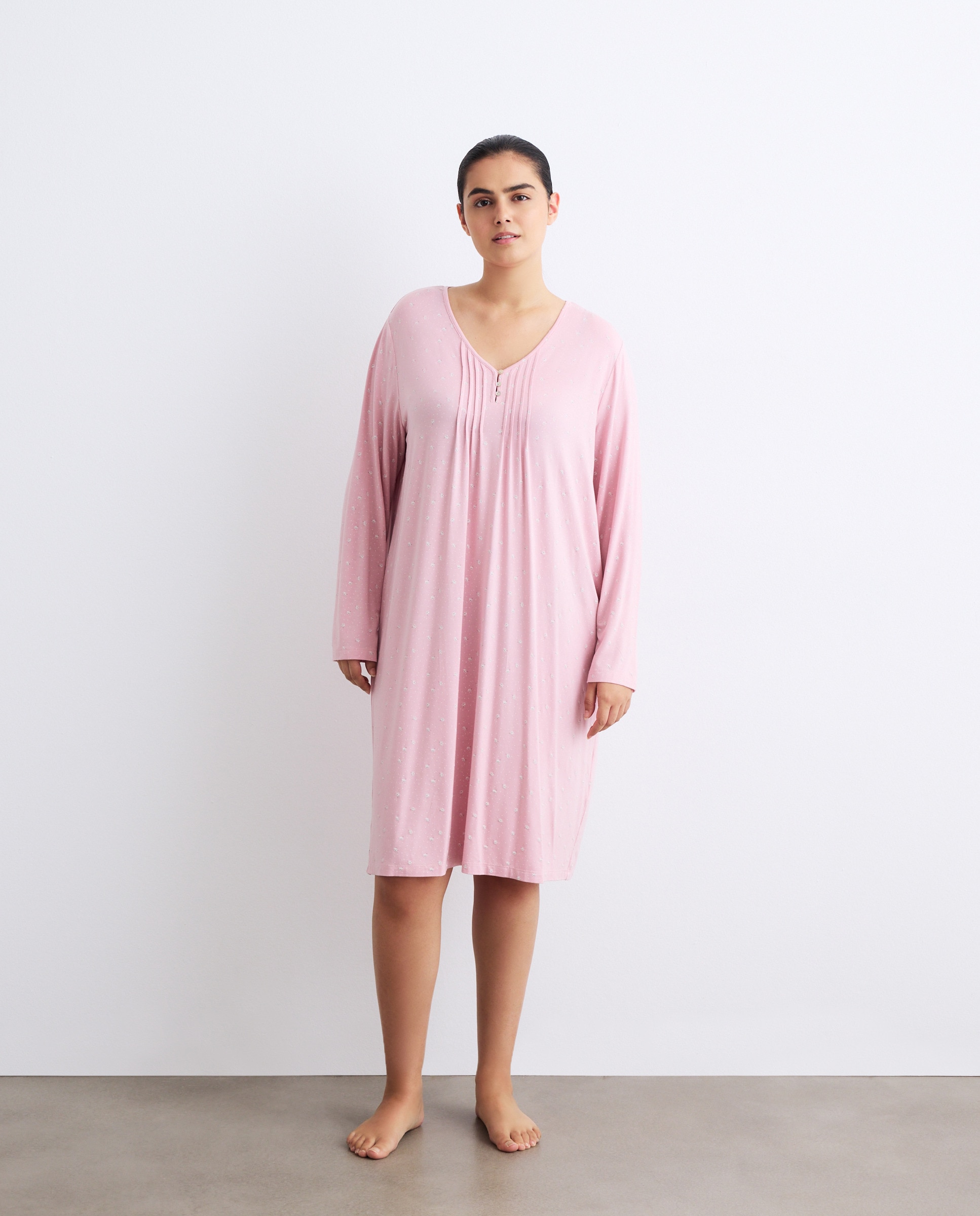 Camisa de Dormir com Decote em Bico com Três Botões Rosa-2