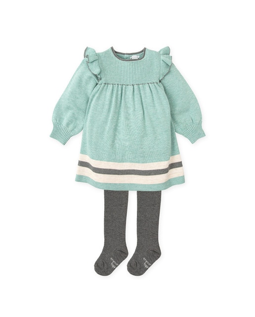 Imagen 0 de Conjunto de bebé niña de vestido tricot verde mar con leotardos