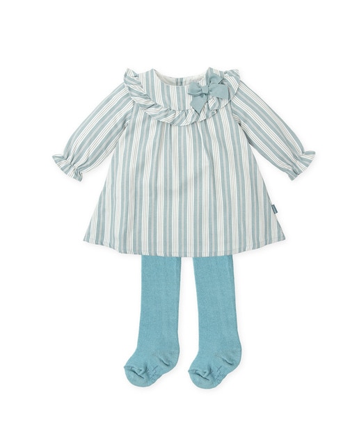 Imagen 0 de Conjunto de bebé niña de vestido a rayas con leotardos verde mar