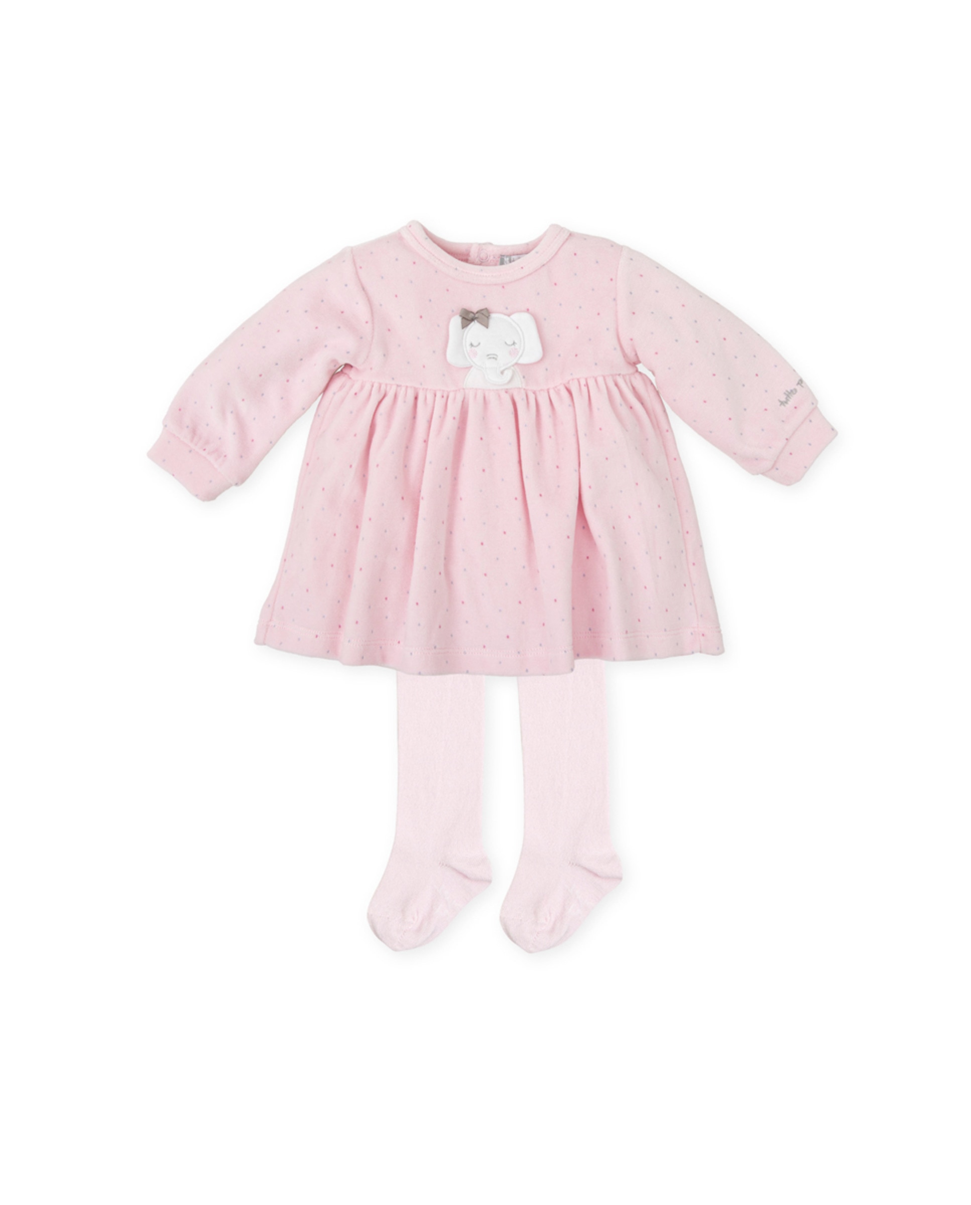 Imagen 0 de Conjunto de bebé niña de vestido con bordado de elefante y leotardos rosa