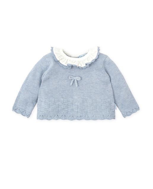 Imagen 0 de Jersey de bebé niña tricot en azul con volante en cuello