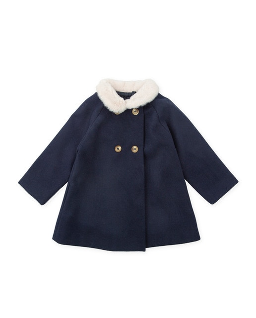 Imagen 0 de Abrigo de paño de bebé niña azul marino con cuello de pelo