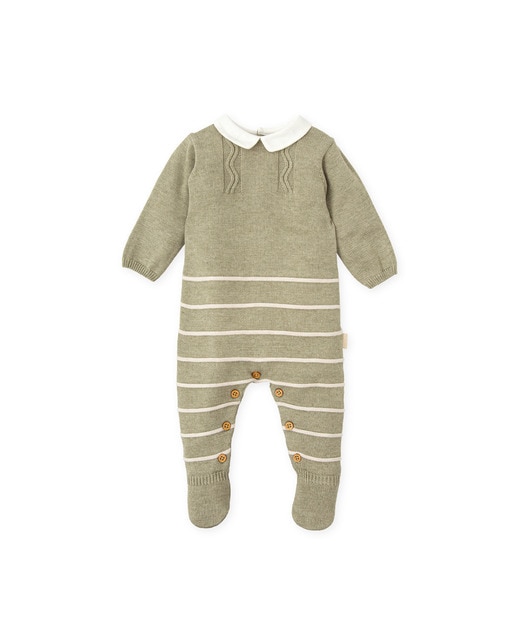 Imagen 0 de Pelele de bebé niño tricot kaki con rayas