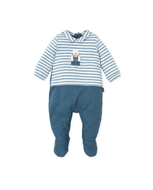 Imagen 0 de Pelele de bebé niño largo con pie acero con bordado oso