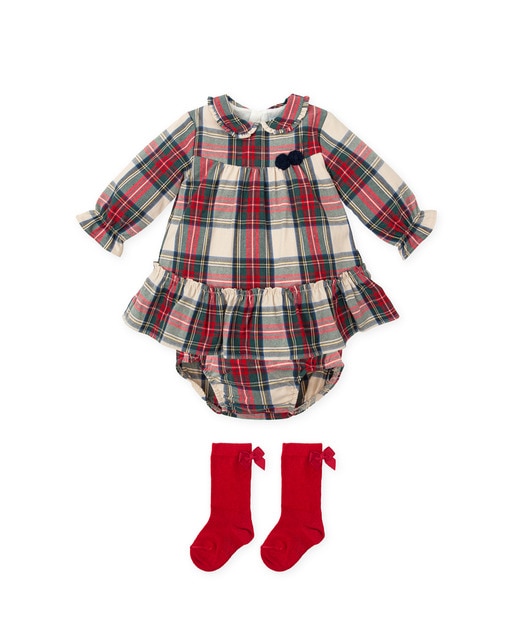 Imagen 0 de Conjunto de bebé niña de vestido a cuadros con braguita y calcetines