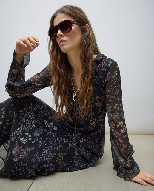 Imagem 0 de Vestido Comprido Estampado com Decote em Bico
