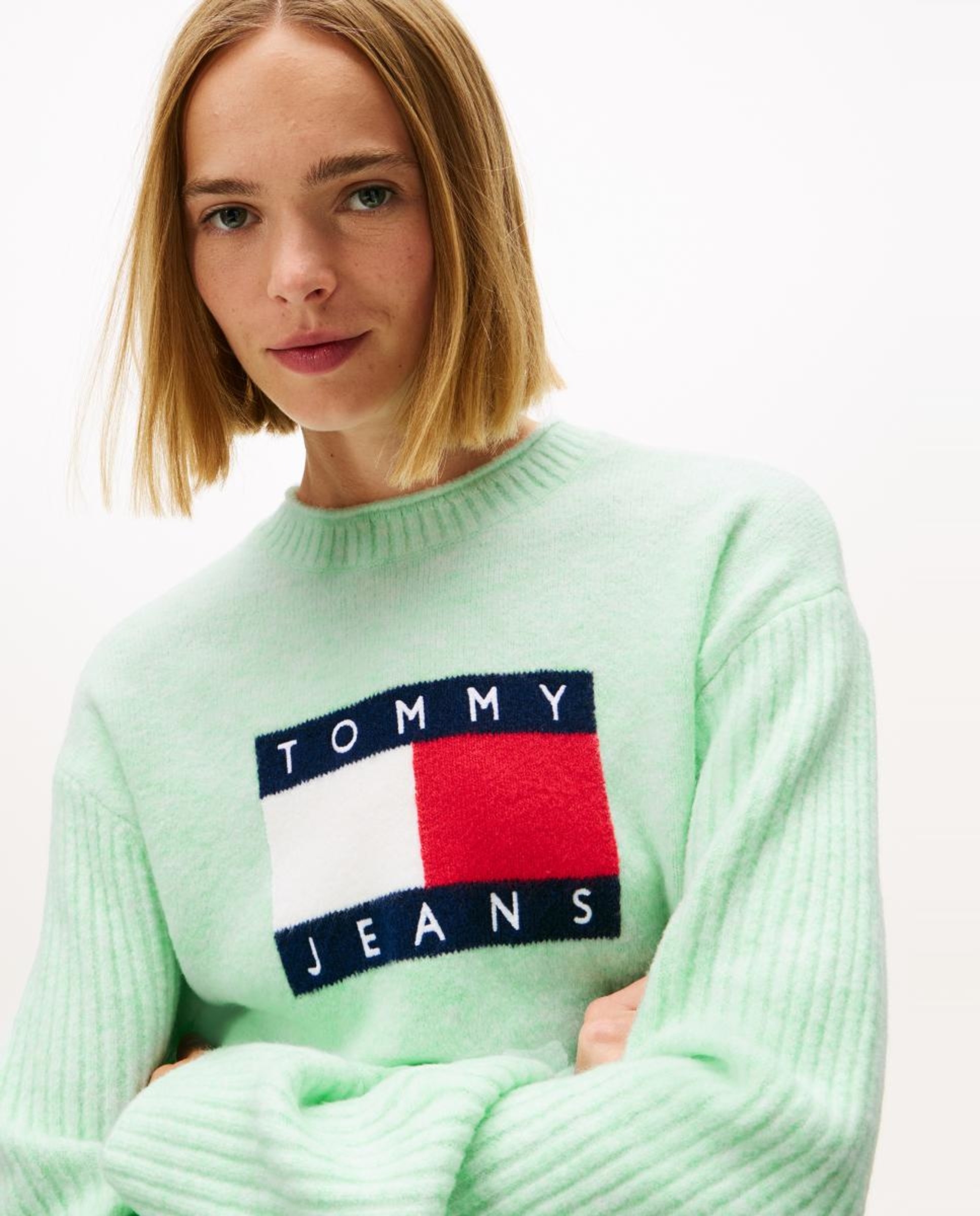 Camisola de Malha com Intársia e Mangas em Contraste Verde-claro-4