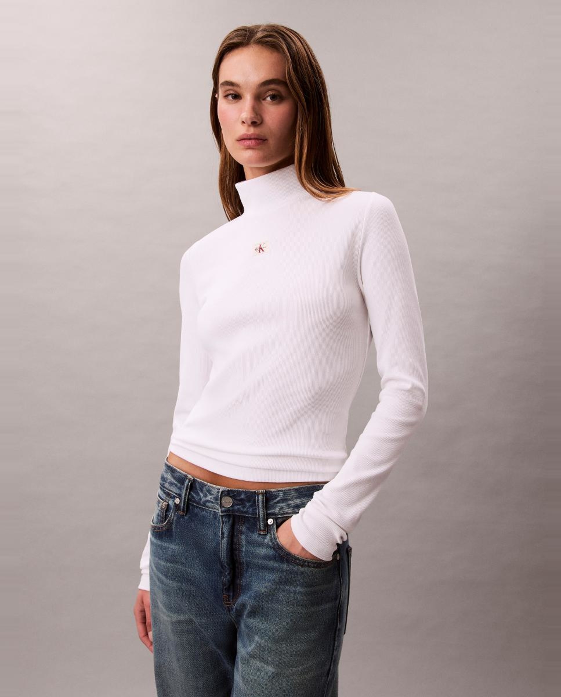 Camisola de Manga Comprida com Gola Alta Branco-1