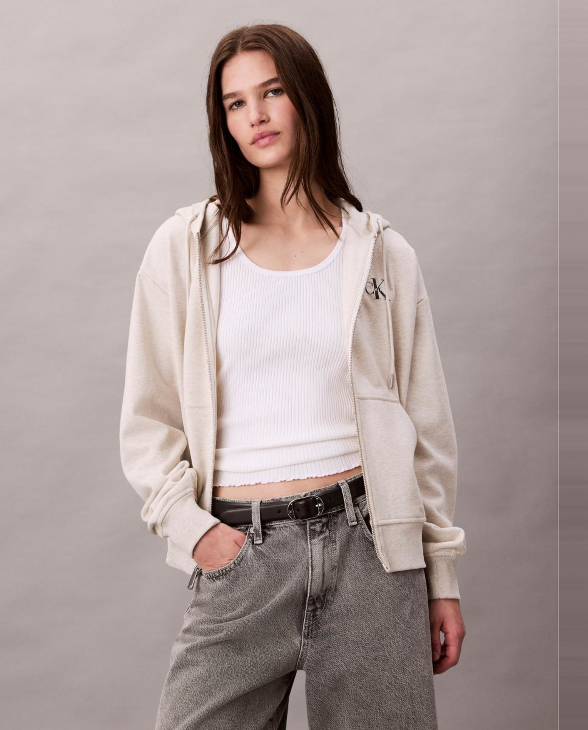 Sweatshirt com Capuz e Fecho de Correr Creme-1