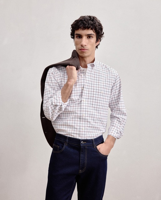Imagem 0 de Camisa Oxford de Manga Comprida com Fundo Claro e Padrão Clássico