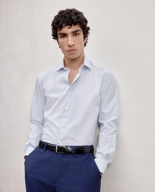 Imagem 0 de Camisa Formal de Padrão Regular com Manga Comprida e Risca - Branco/Azul
