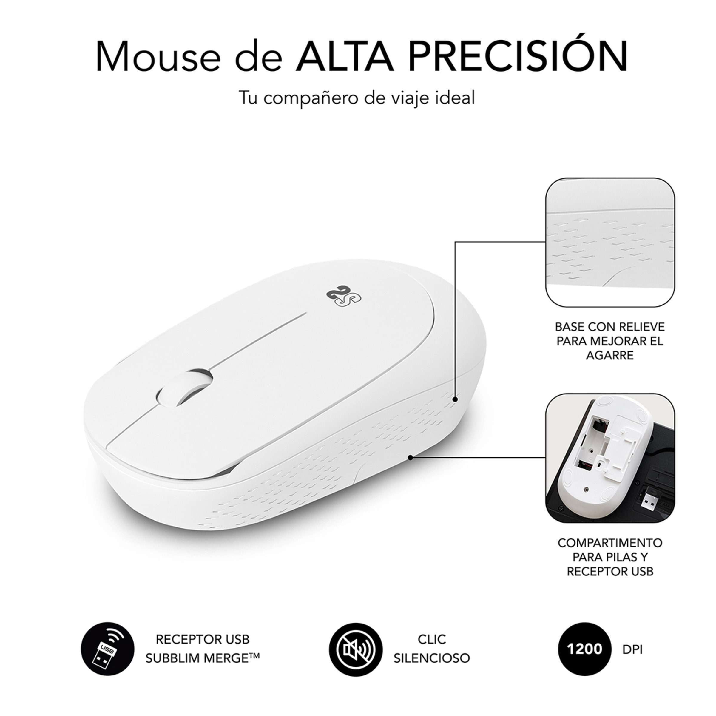 Ratón Subblim inalámbrico, silencioso, ambidiestro, USB, blanco Blanco-4