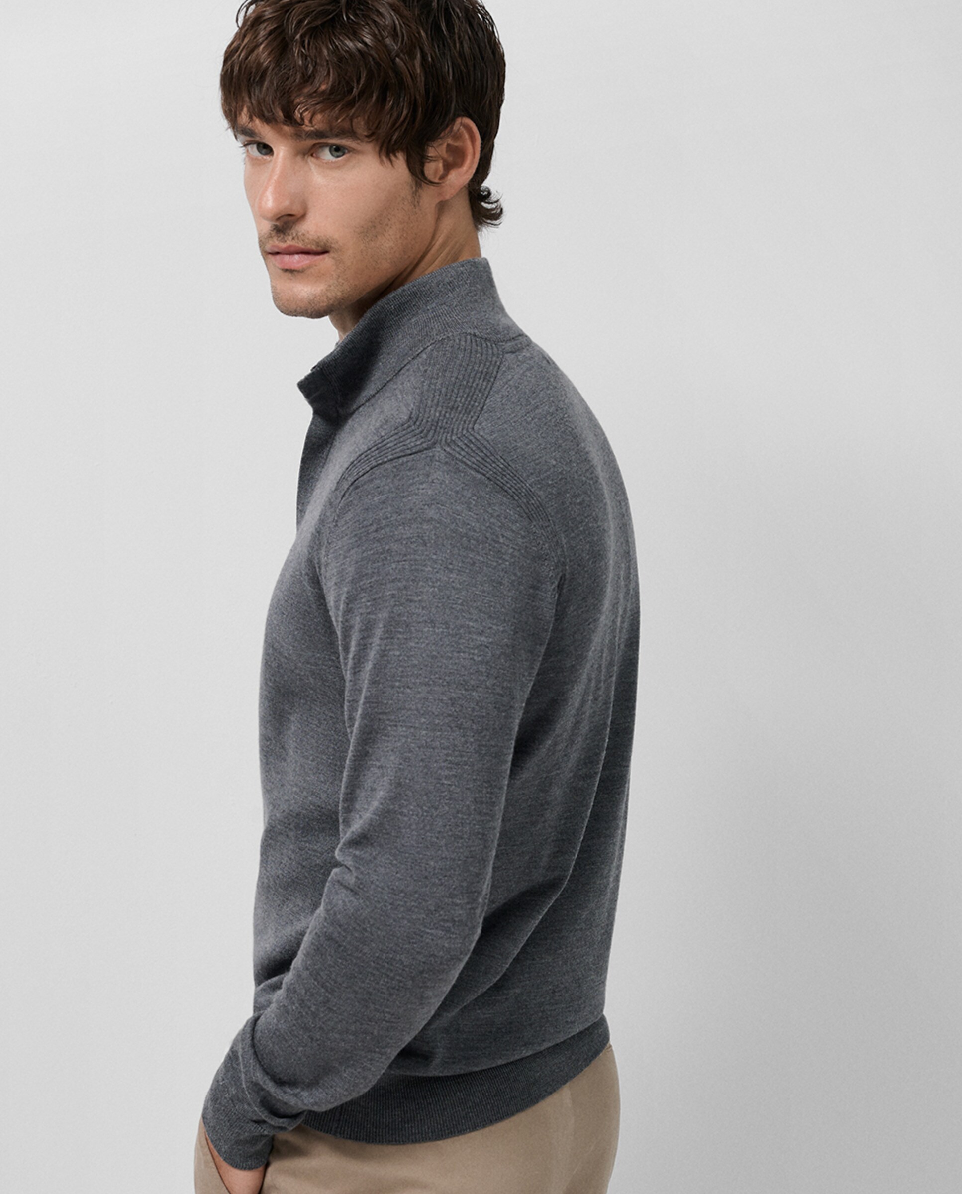 Camisola de Malha de lã com Gola com Fecho de Correr Cinzento-escuro-4