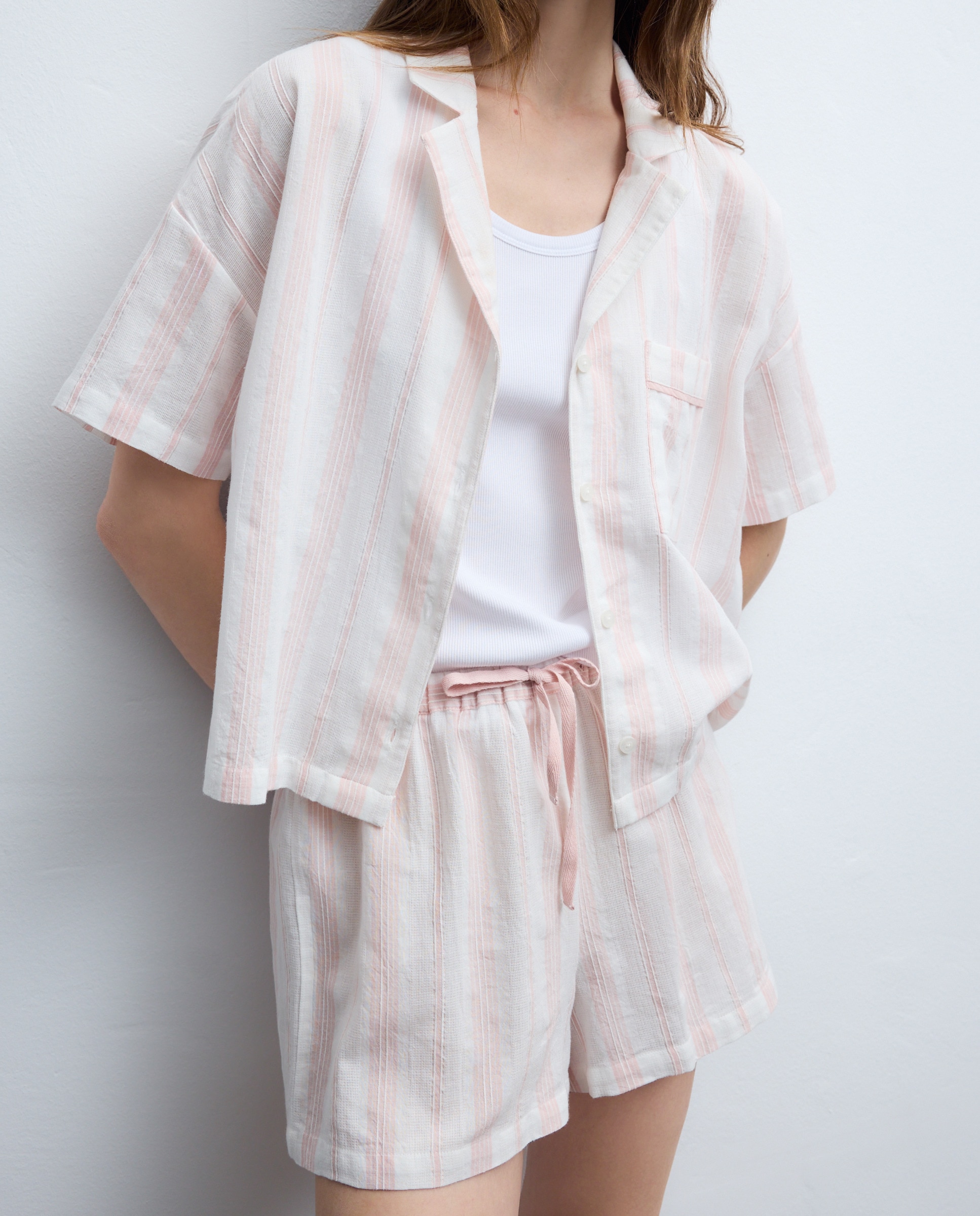 Pijama Completo Curto às Riscas de Fio Metalizado 200 Rosa-3