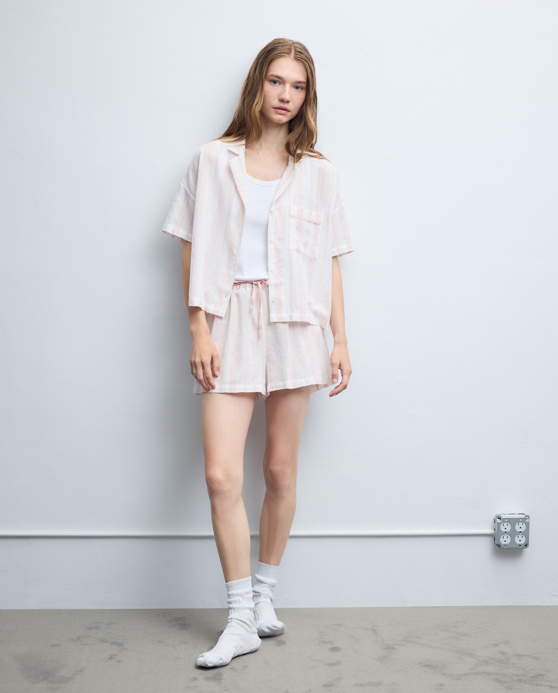 Pijama Completo Curto às Riscas de Fio Metalizado 200 Rosa-2