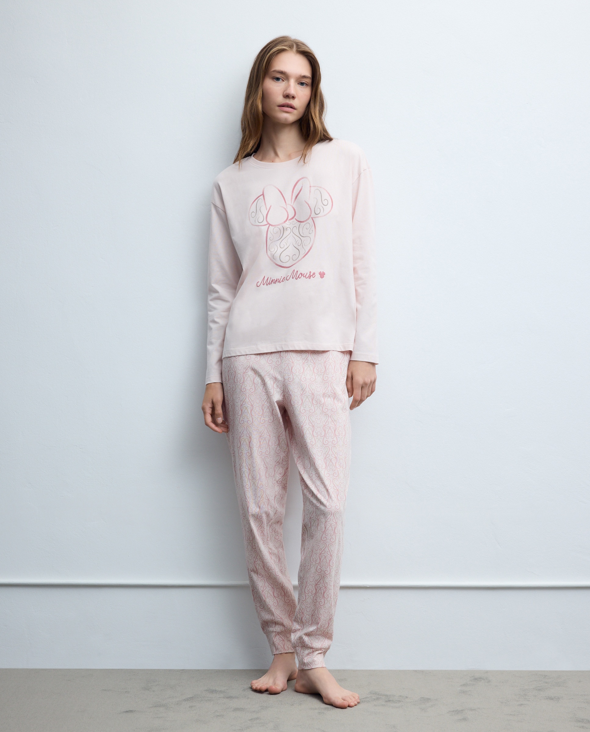 Pijama Completo às Riscas com Estampado Minnie Mouse, Manga Comprida e Calças 250 Nude-1